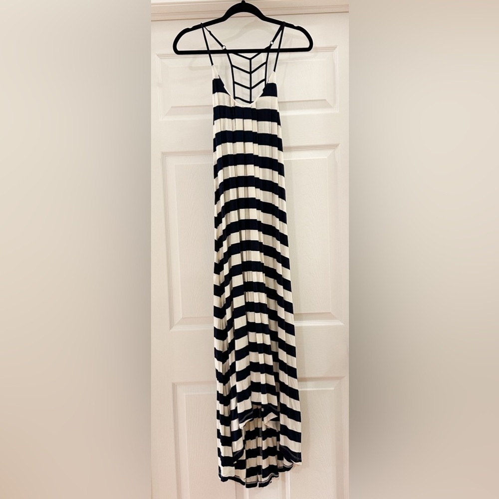 Cynthia Rowley Striped Ladder Back High Low Pleated Maxi Dress Blue White sz XS